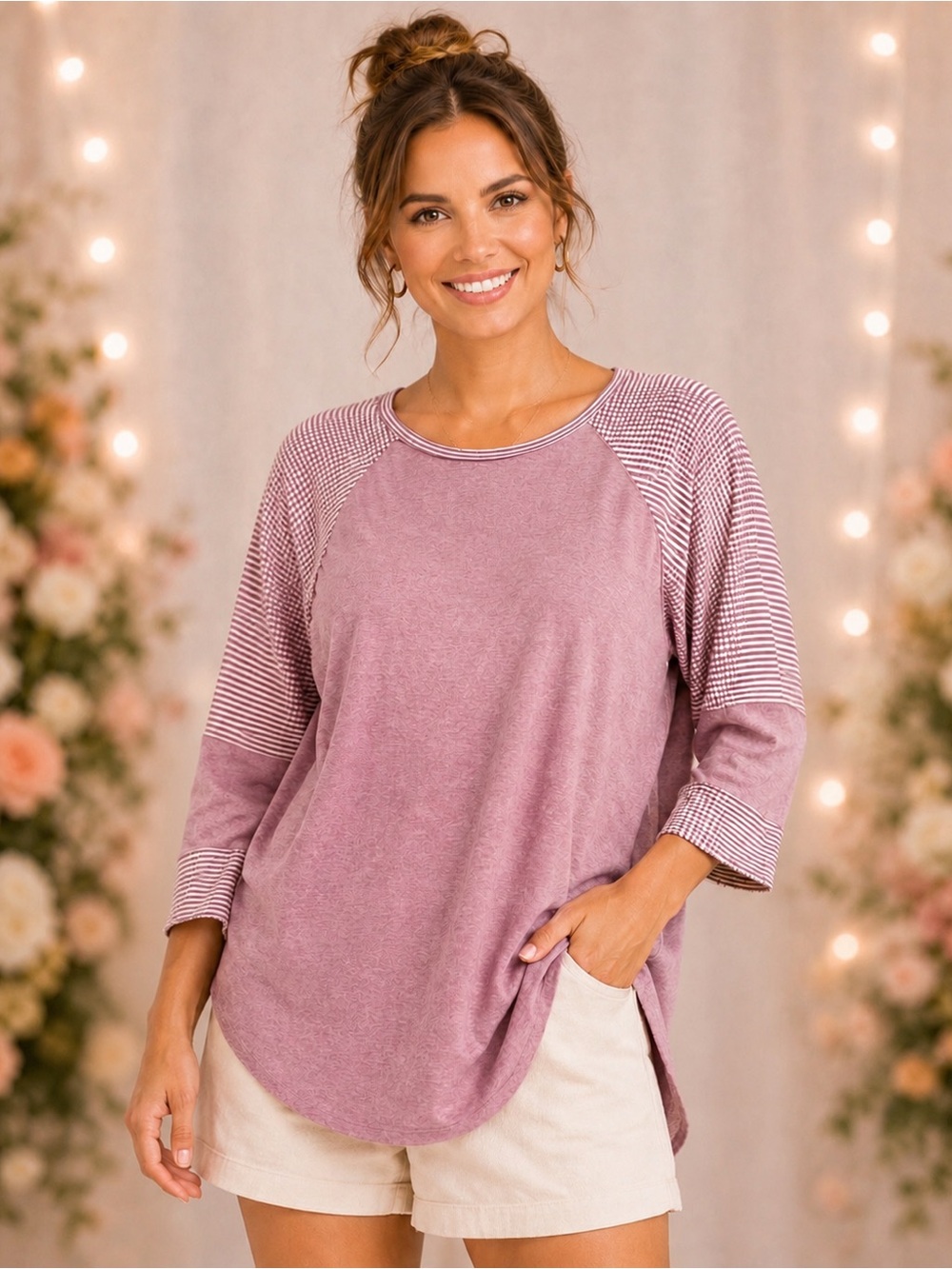 Easel Mauve Striped Raglan 3/4 Sleeve Oversized Tunic Top Women’s Small
